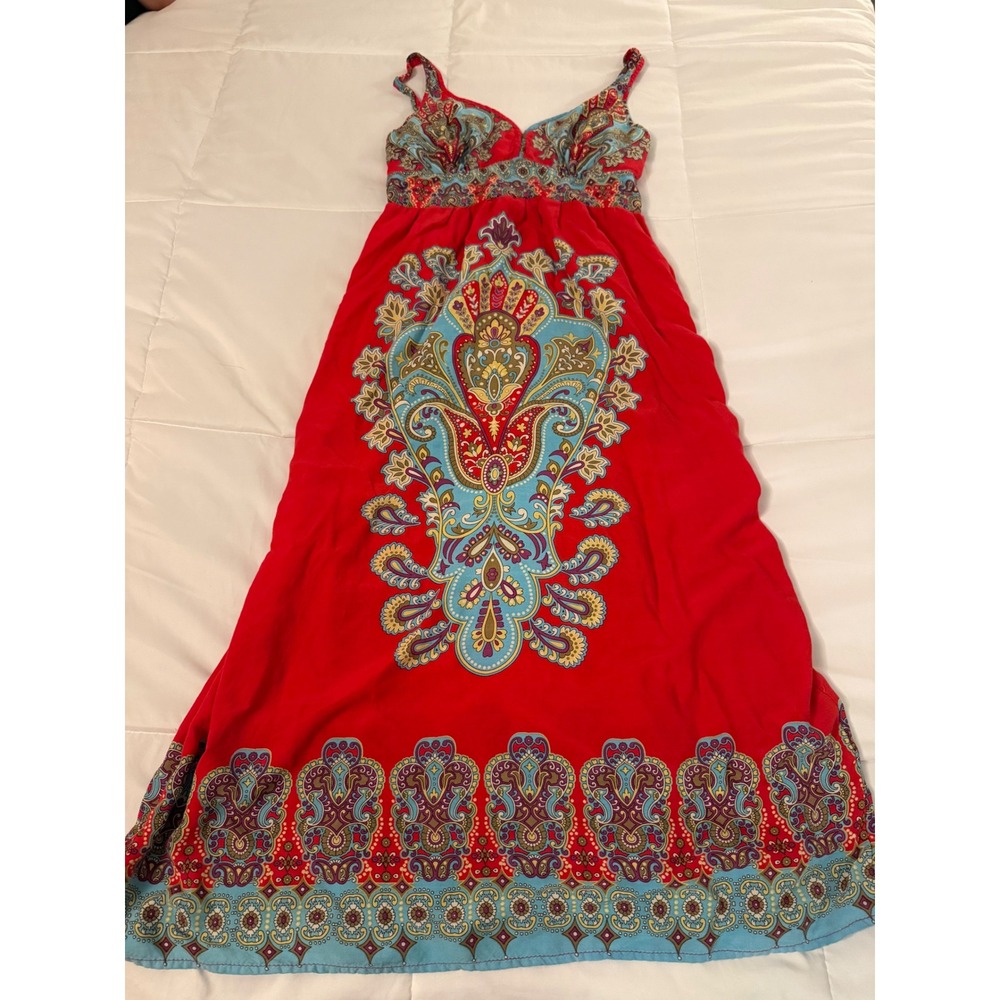 Mlle Gabrielle Red Paisley Boho Maxi Dress Womens Medium Smocked Back Sleeveless